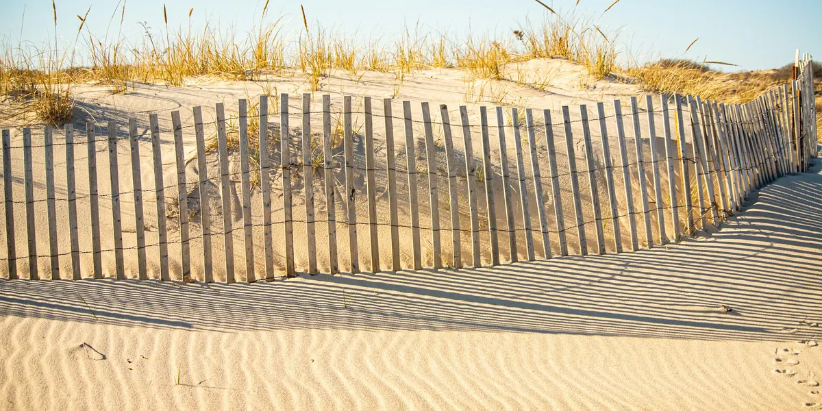 A sand fence running across the dunes